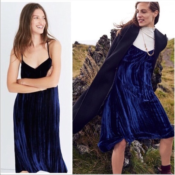 Madewell Dresses & Skirts - NWT Madewell Velvet Blue Slip Dress Sz L